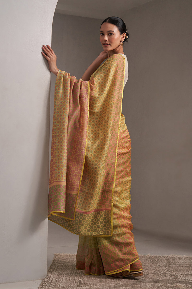 Jhelum Maheshwari Block Printed Flip Pallu Saree - Olive Green_Peach