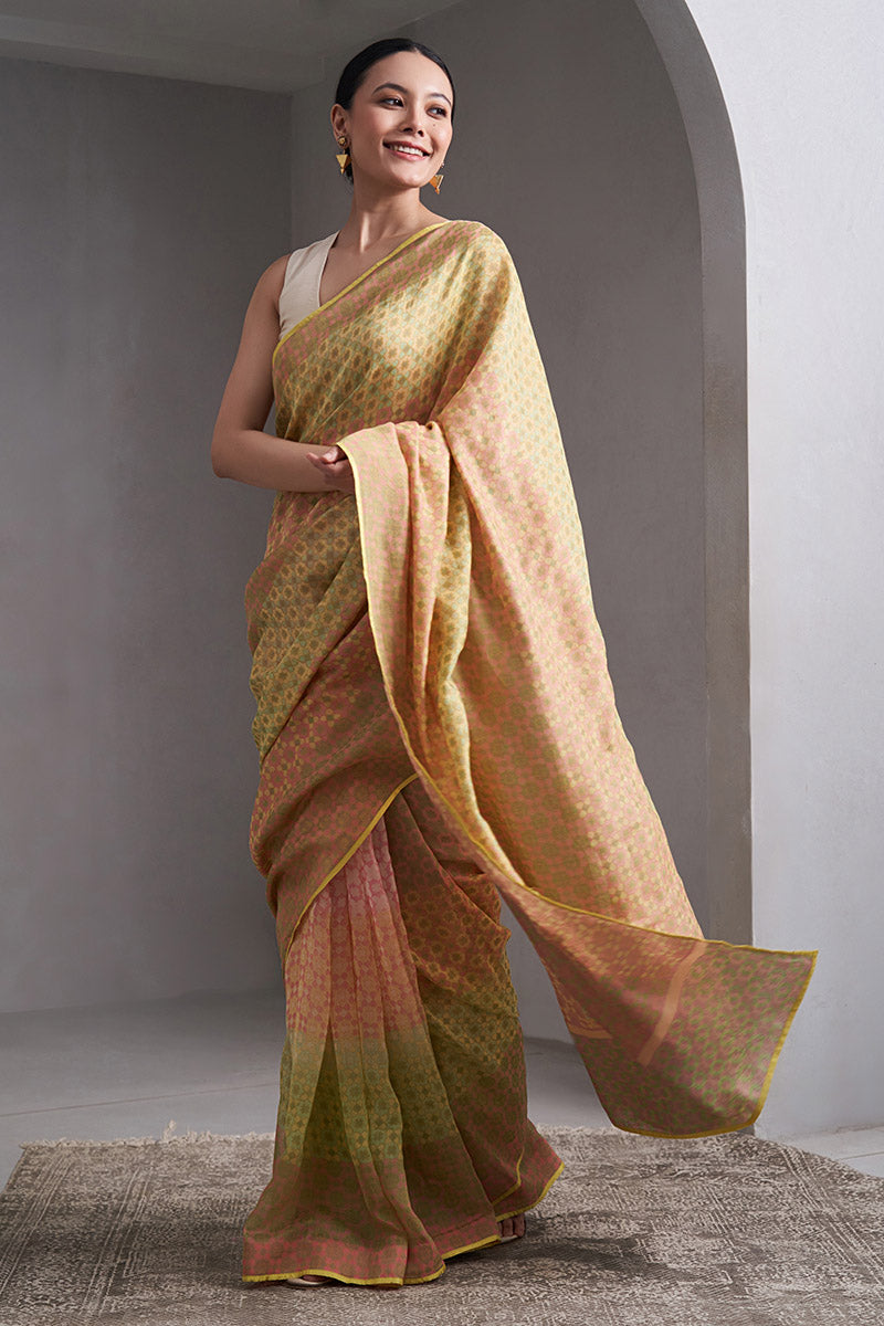 Jhelum Maheshwari Block Printed Flip Pallu Saree - Olive Green_Peach