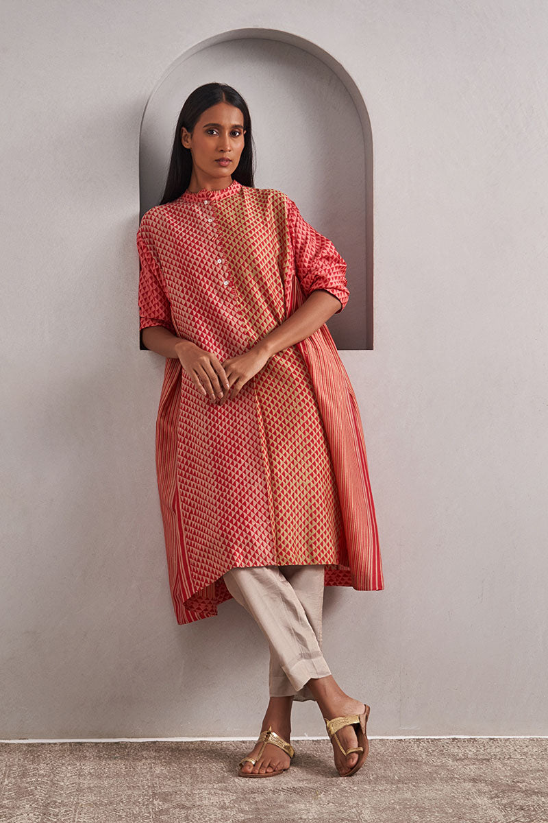 Ajmer One Size Chanderi Cotton-Silk Tunic Dress – Hand Block Printed with Contrast Panels & Slip
