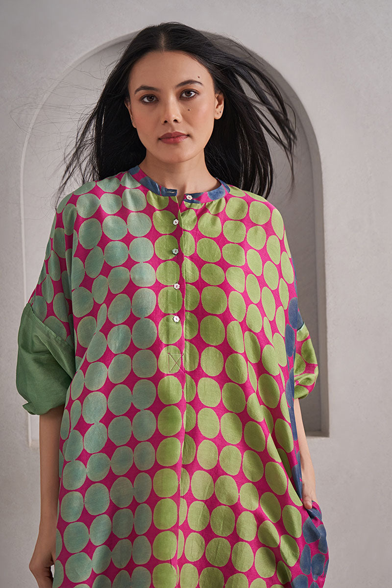 Amer One Size Chanderi Cotton-Silk Tunic Dress – Hand Block Printed with Contrast Sleeve & Slip