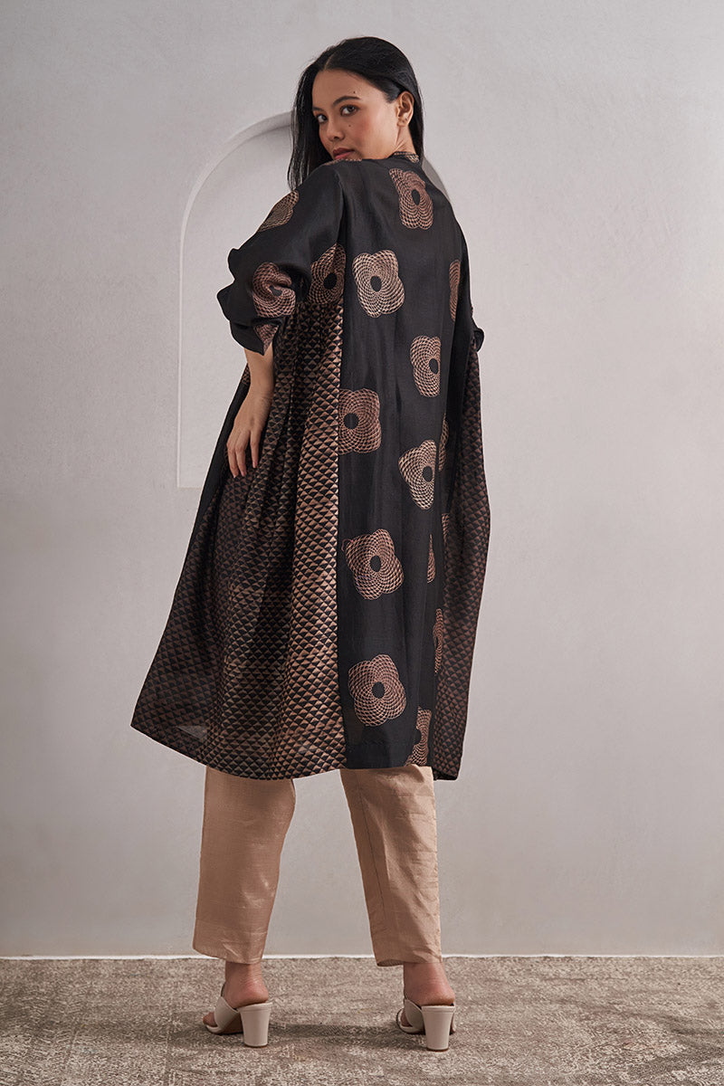 Trikona One Size Chanderi Cotton-Silk Tunic Dress – Hand Block Printed with Contrast Panels & Slip