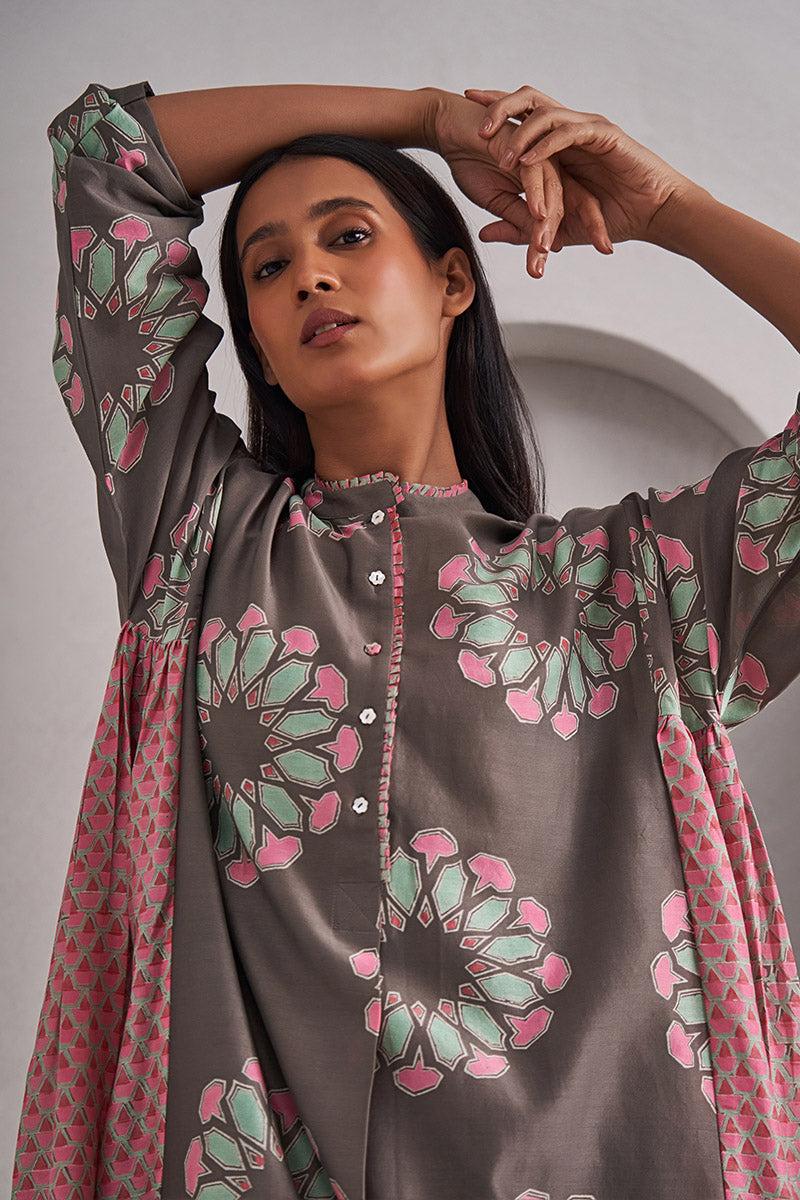 Pushkar One Size Chanderi Cotton-Silk Tunic Dress – Hand Block Printed with Contrast Panels & Slip