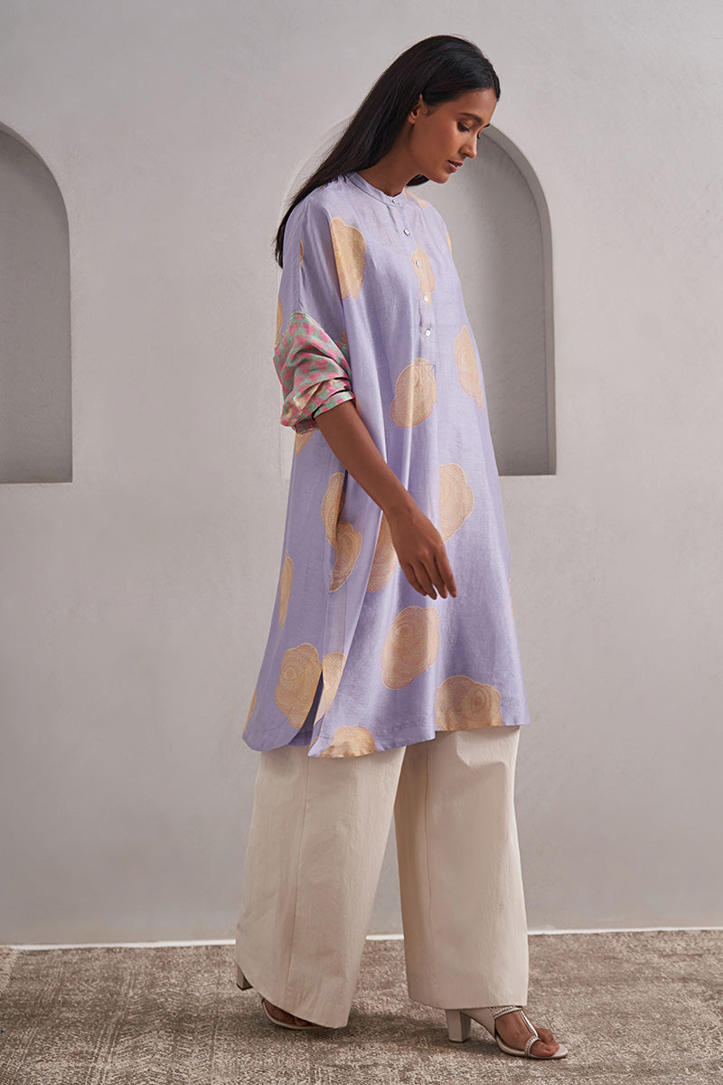Gulaab One Size Chanderi Cotton-Silk Kurta – Hand Block Printed with Contrast Sleeve & Slip