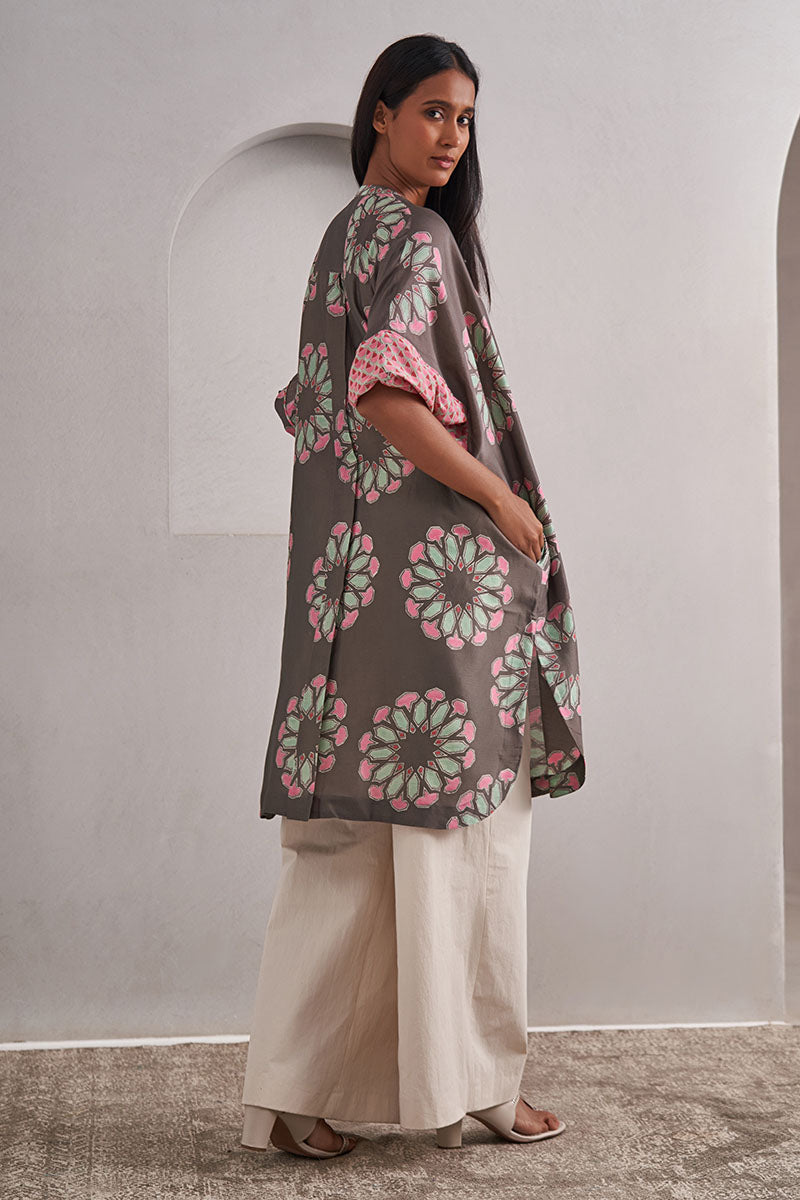 Pushkar One Size Chanderi Cotton-Silk Tunic Dress – Hand Block Printed with Contrast Sleeve & Slip
