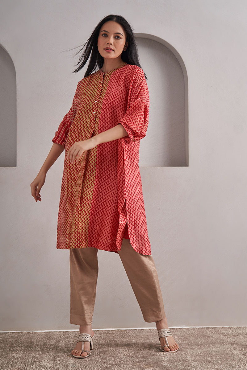 Ajmer One Size Chanderi Cotton-Silk Tunic Dress – Hand Block Printed with Contrast Sleeve & Slip