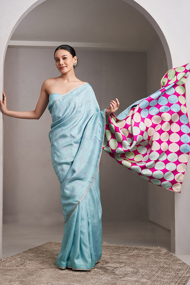 Karnavati Mulberry silk Flip pallu Saree Powder Blue Fuschia
