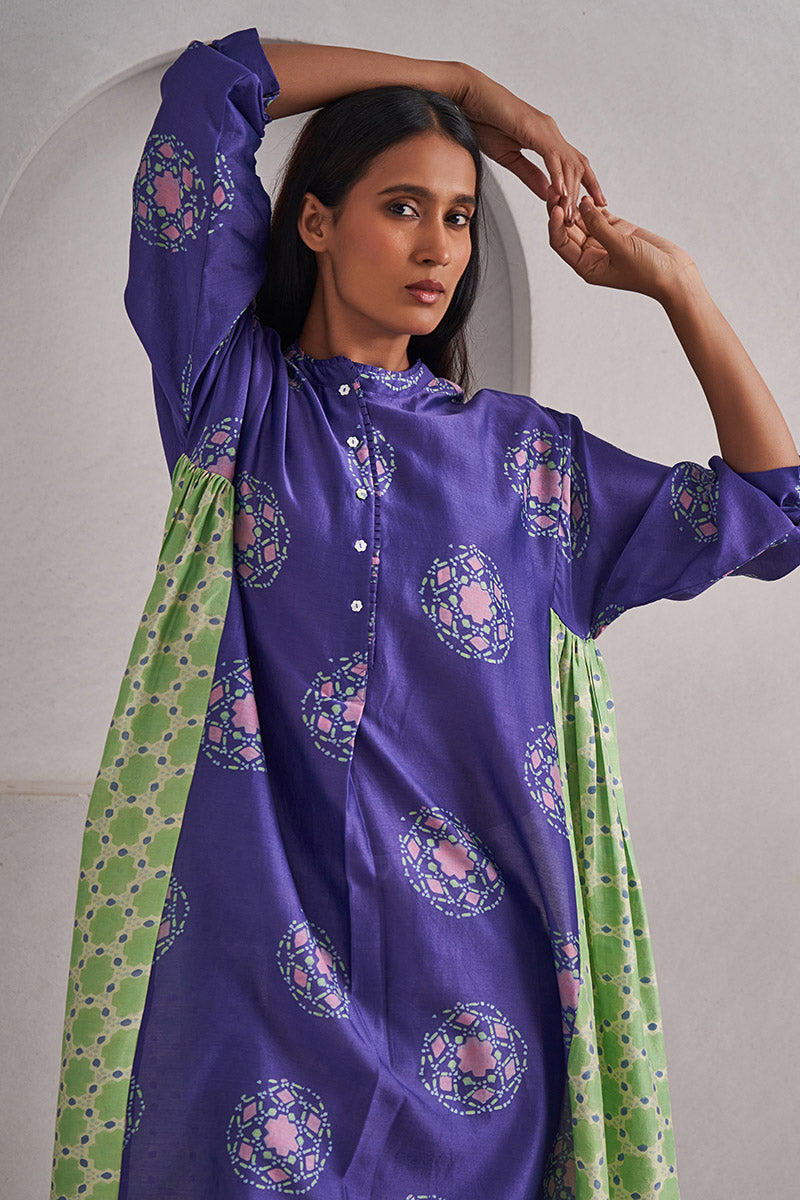 Jaipur Purple One Size Chanderi Cotton-Silk Tunic Dress – Hand Block Printed with Contrast Panels & Slip