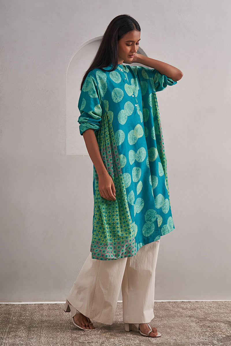 Dewar One Size Chanderi Cotton-Silk Tunic Dress – Hand Block Printed with Contrast Panels & Slip