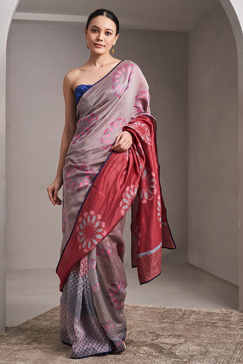 Tapti Maheshwari Block Printed Flip pallu Saree - Grey_Wine