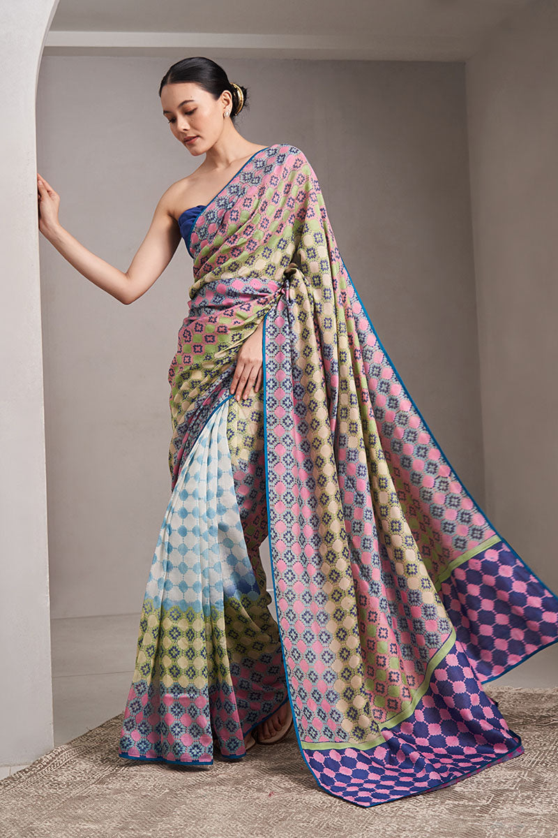Bias Maheshwari Block Printed Flip Pallu Saree - Blue_Pink