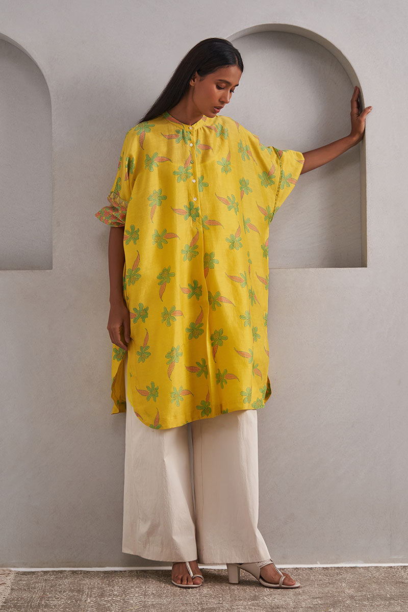 Phool One Size Chanderi Cotton-Silk Tunic Dress – Hand Block Printed with Contrast Sleeve & Slip