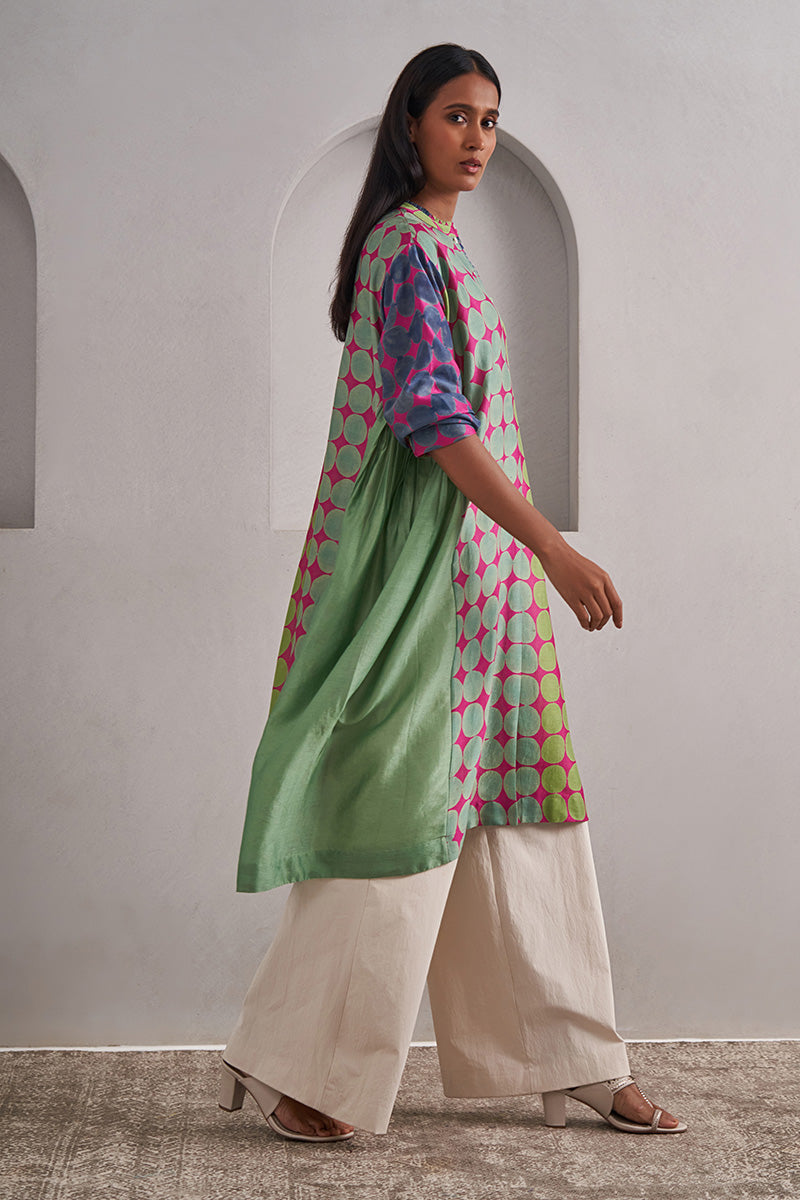 Amer One Size Chanderi Cotton-Silk Tunic Dress – Hand Block Printed with Contrast Panels & Slip