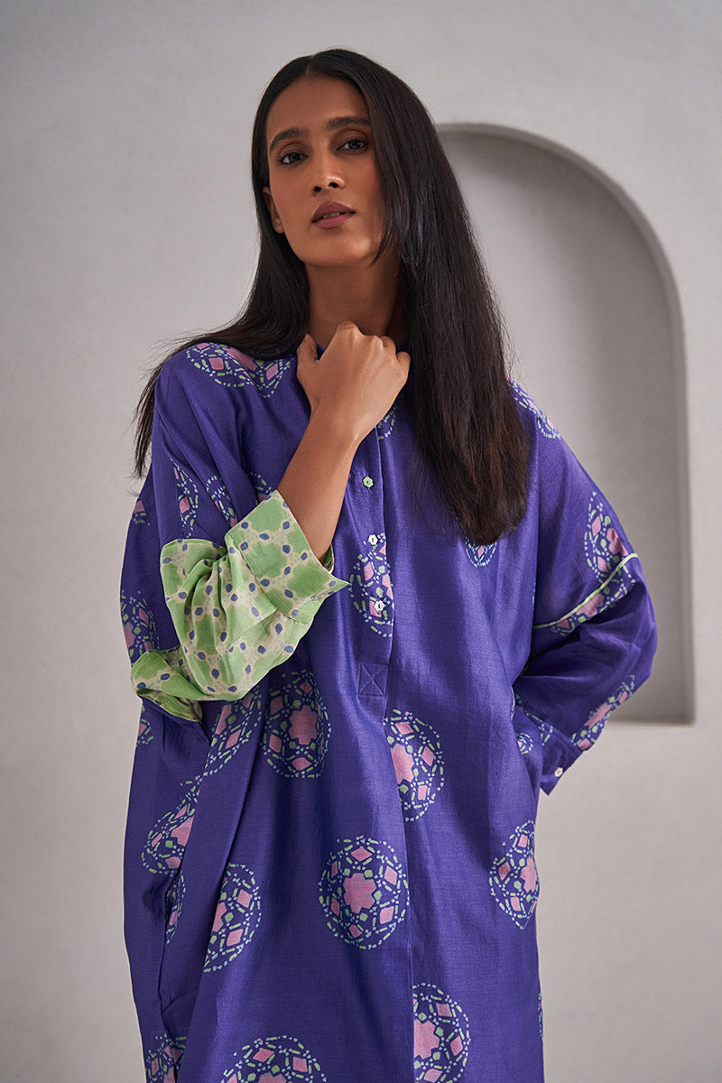 Jaipur Purple One Size Chanderi Cotton-Silk Tunic Dress – Hand Block Printed with Contrast Sleeve & Slip