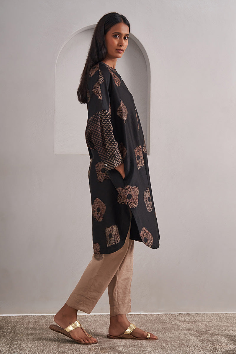 Trikona One Size Chanderi Cotton-Silk Tunic Dress – Hand Block Printed with Contrast Sleeve & Slip