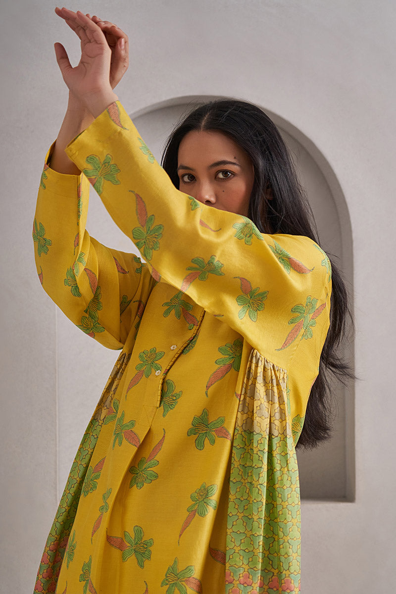Phool One Size Chanderi Cotton-Silk Tunic Dress – Hand Block Printed with Contrast Panels & Slip