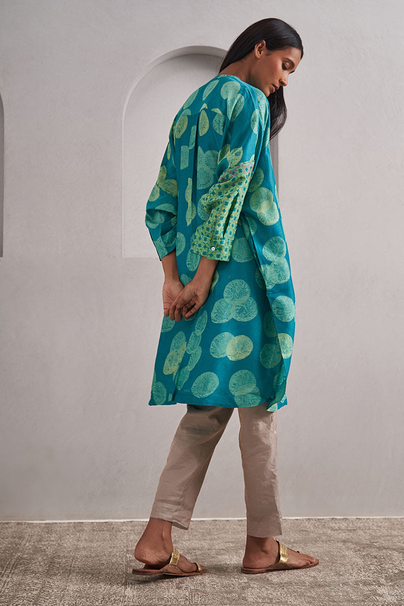 Dewar One Size Chanderi Cotton-Silk Tunic Dress – Hand Block Printed with Contrast Sleeve & Slip