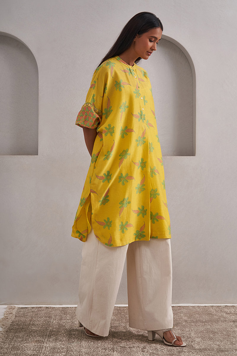 Phool One Size Chanderi Cotton-Silk Tunic Dress – Hand Block Printed with Contrast Sleeve & Slip