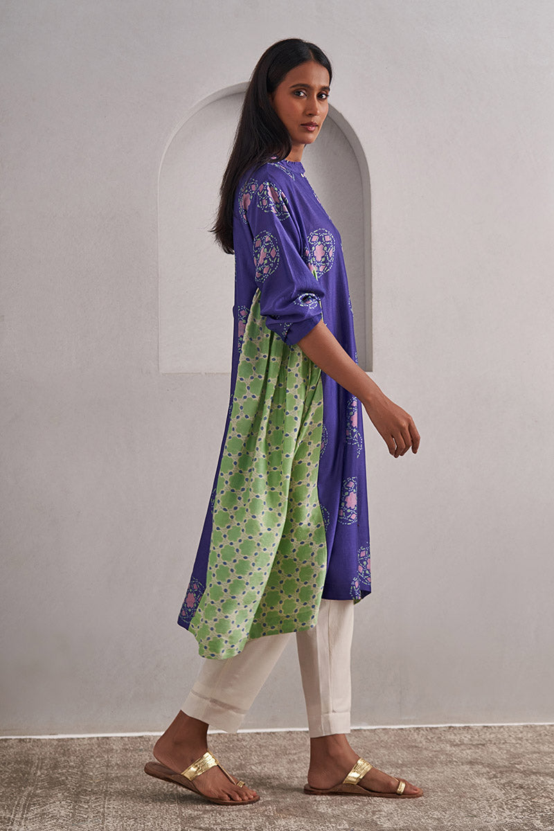 Jaipur Purple One Size Chanderi Cotton-Silk Tunic Dress – Hand Block Printed with Contrast Panels & Slip