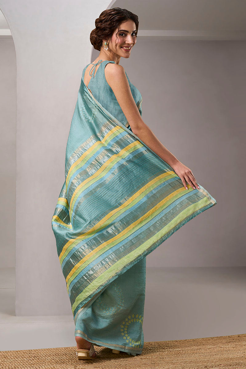 Aabha Handloom Maheshwari Silk Hand Blockprinted Saree