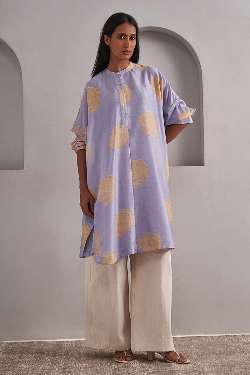 Gulaab One Size Chanderi Cotton-Silk Kurta – Hand Block Printed with Contrast Sleeve & Slip