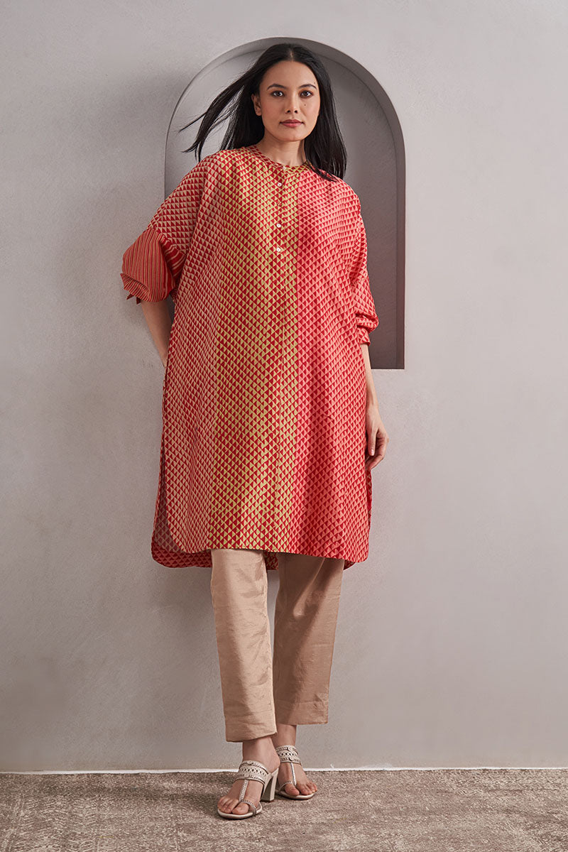 Ajmer One Size Chanderi Cotton-Silk Tunic Dress – Hand Block Printed with Contrast Sleeve & Slip