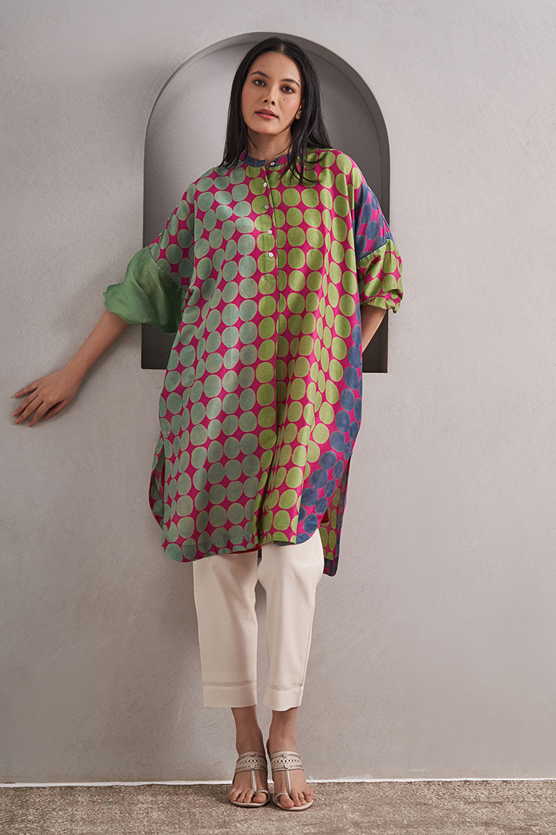 Amer One Size Chanderi Cotton-Silk Tunic Dress – Hand Block Printed with Contrast Sleeve & Slip