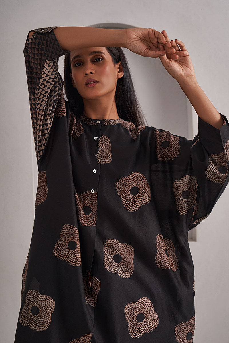 Trikona One Size Chanderi Cotton-Silk Tunic Dress – Hand Block Printed with Contrast Sleeve & Slip