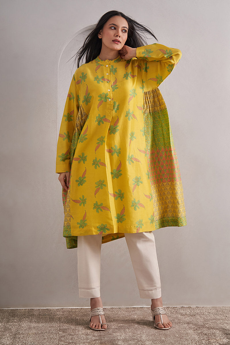 Phool One Size Chanderi Cotton-Silk Tunic Dress – Hand Block Printed with Contrast Panels & Slip
