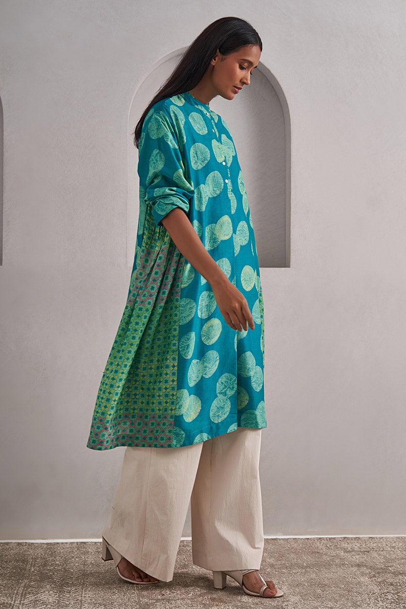 Dewar One Size Chanderi Cotton-Silk Tunic Dress – Hand Block Printed with Contrast Panels & Slip