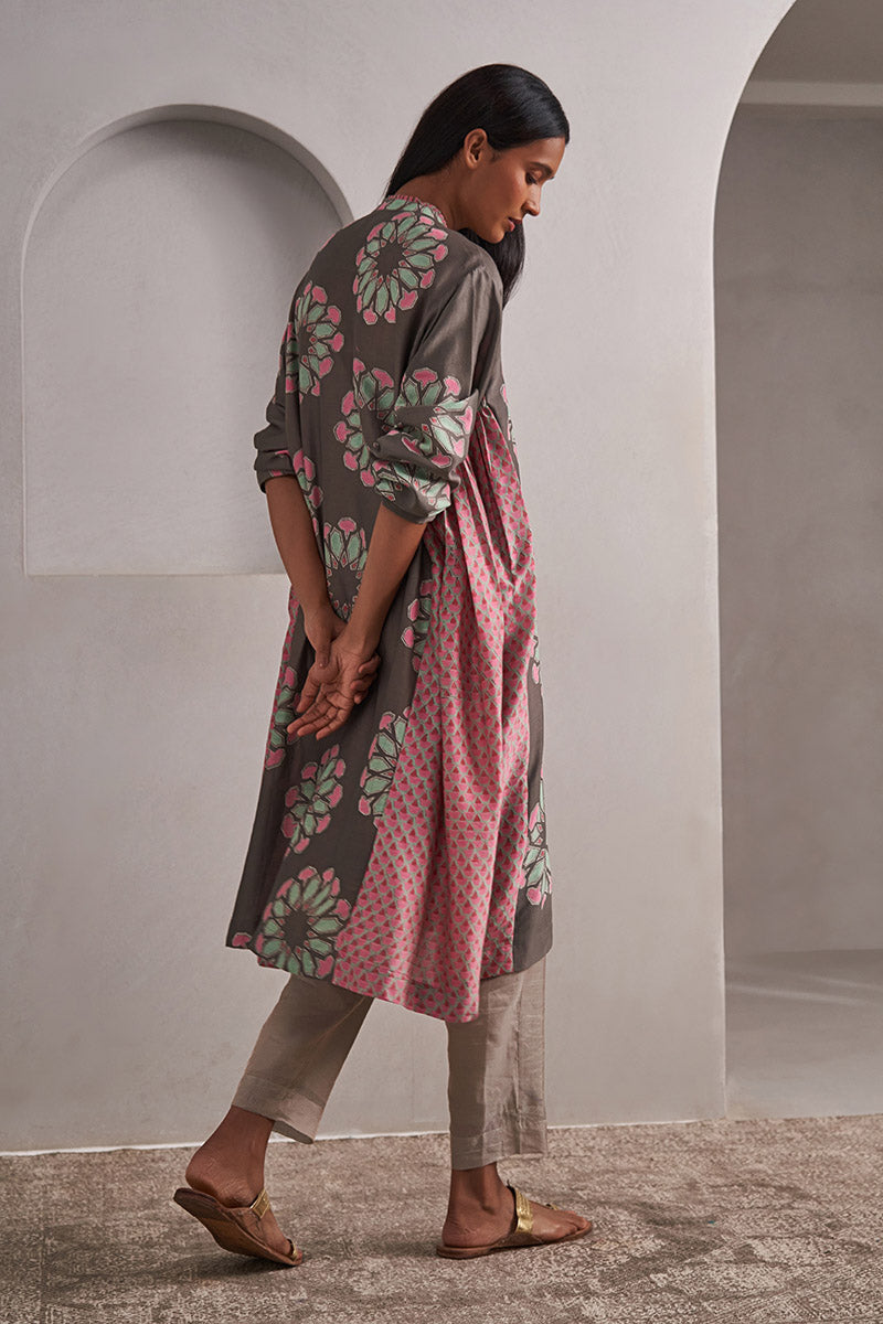 Pushkar One Size Chanderi Cotton-Silk Tunic Dress – Hand Block Printed with Contrast Panels & Slip