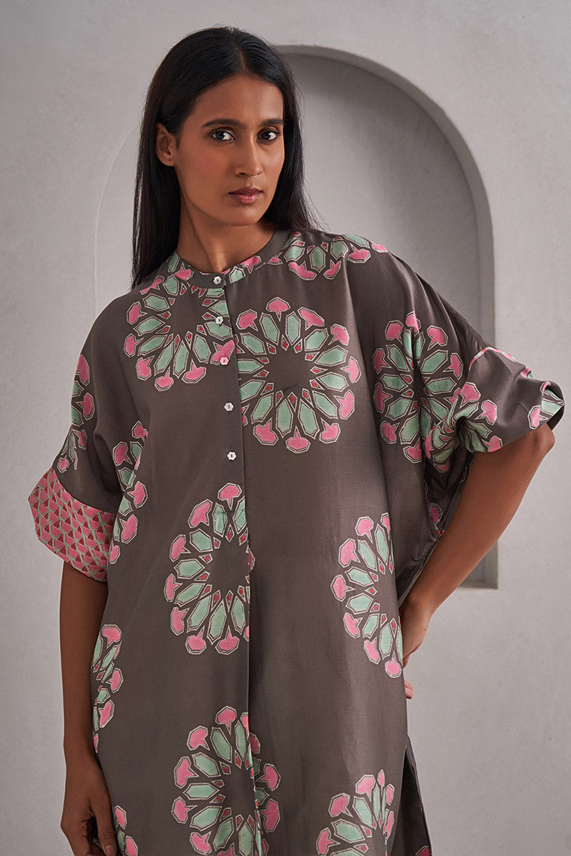 Pushkar One Size Chanderi Cotton-Silk Tunic Dress – Hand Block Printed with Contrast Sleeve & Slip