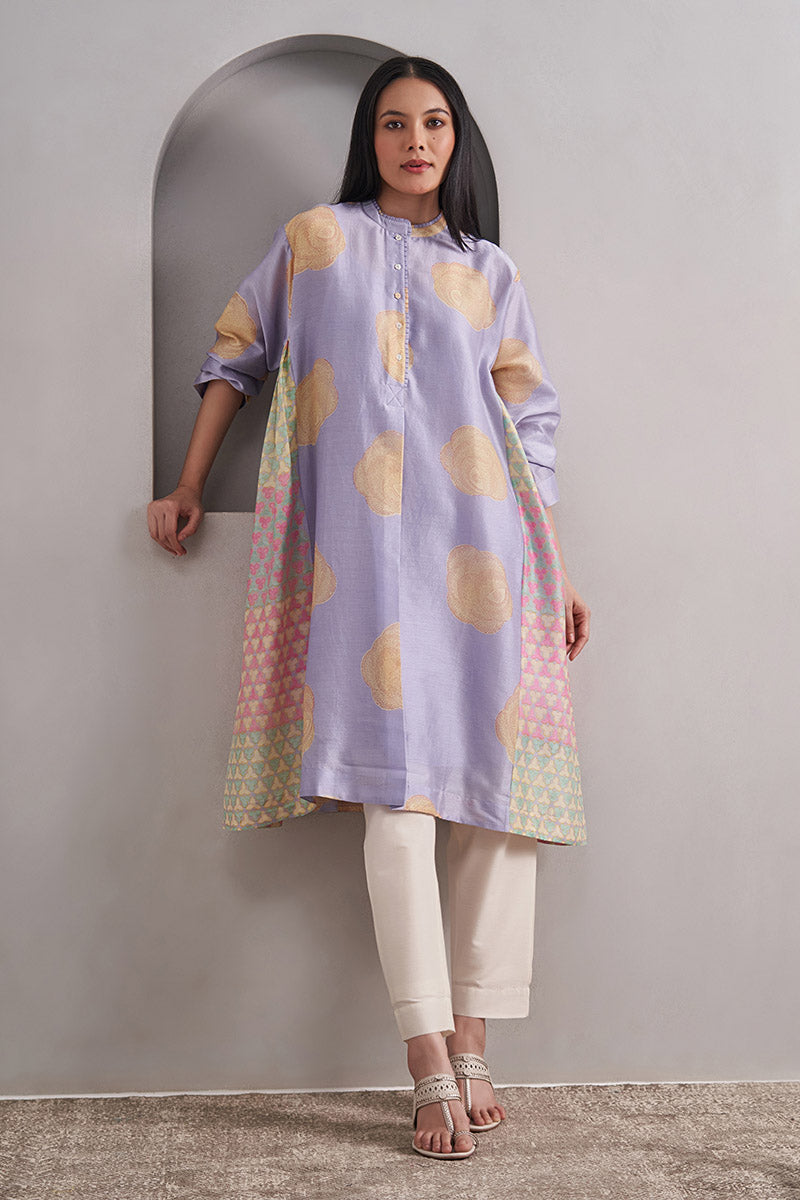 Gulaab One Size Chanderi Cotton-Silk Tunic Dress – Hand Block Printed with Contrast Panels & Slip