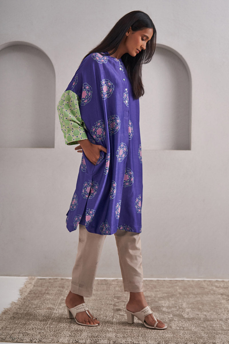 Jaipur Purple One Size Chanderi Cotton-Silk Tunic Dress – Hand Block Printed with Contrast Sleeve & Slip