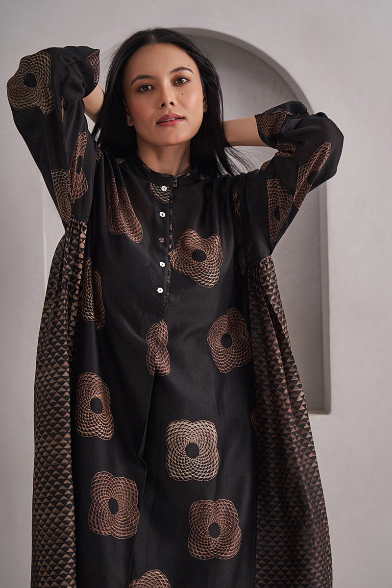 Trikona One Size Chanderi Cotton-Silk Tunic Dress – Hand Block Printed with Contrast Panels & Slip