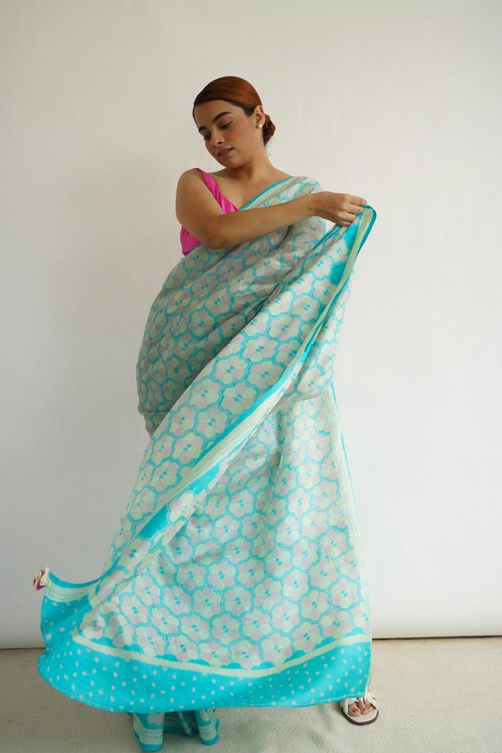 Leh Tussar Silk Hand Blockprinted Saree