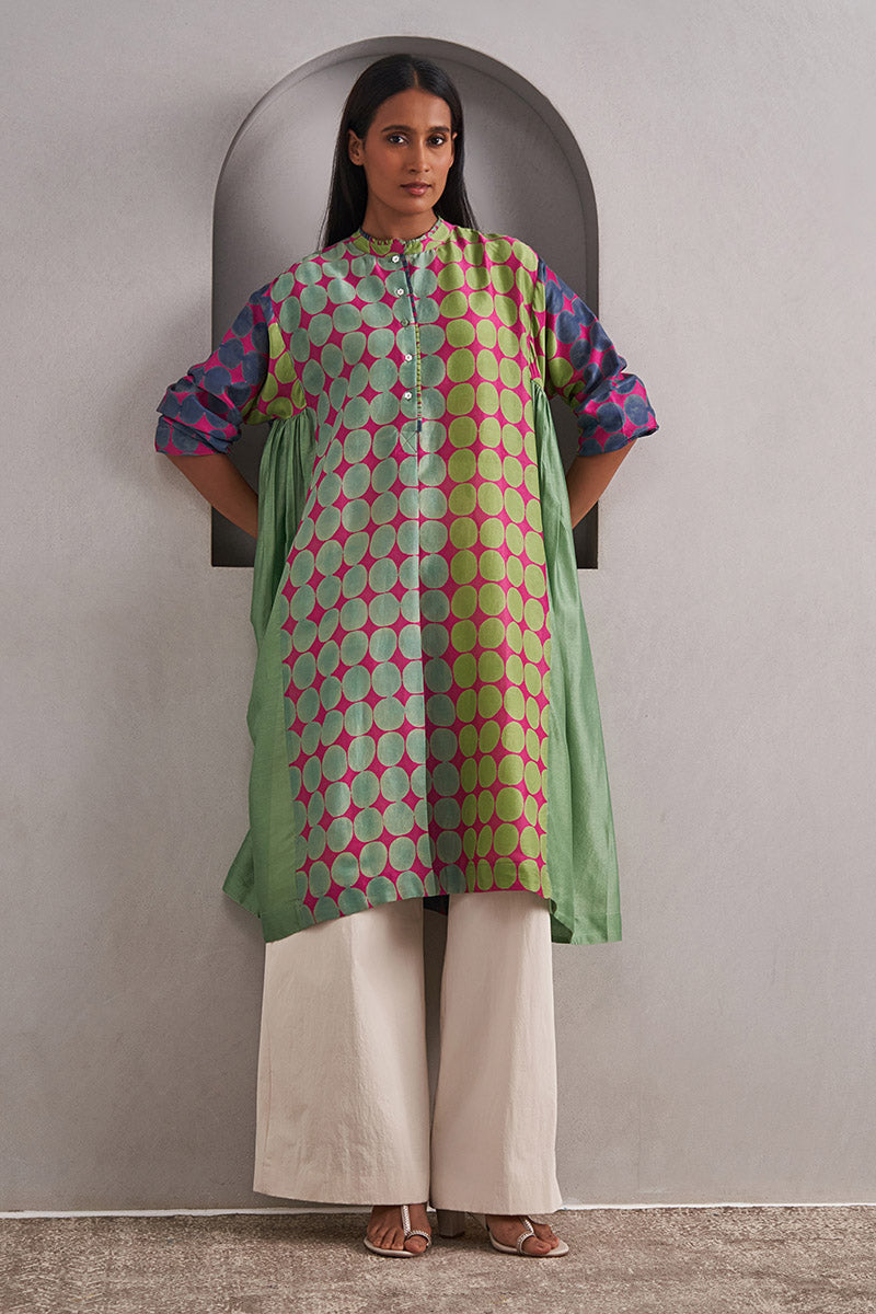 Amer One Size Chanderi Cotton-Silk Tunic Dress – Hand Block Printed with Contrast Panels & Slip