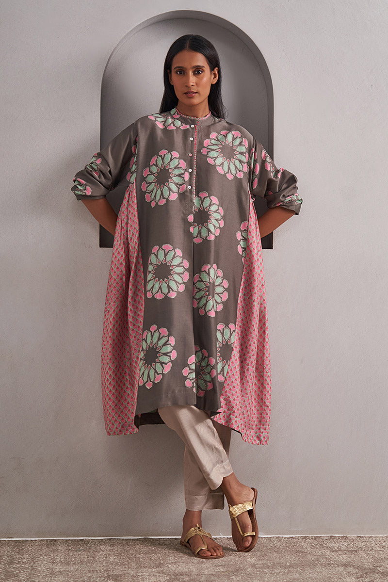 Pushkar One Size Chanderi Cotton-Silk Tunic Dress – Hand Block Printed with Contrast Panels & Slip