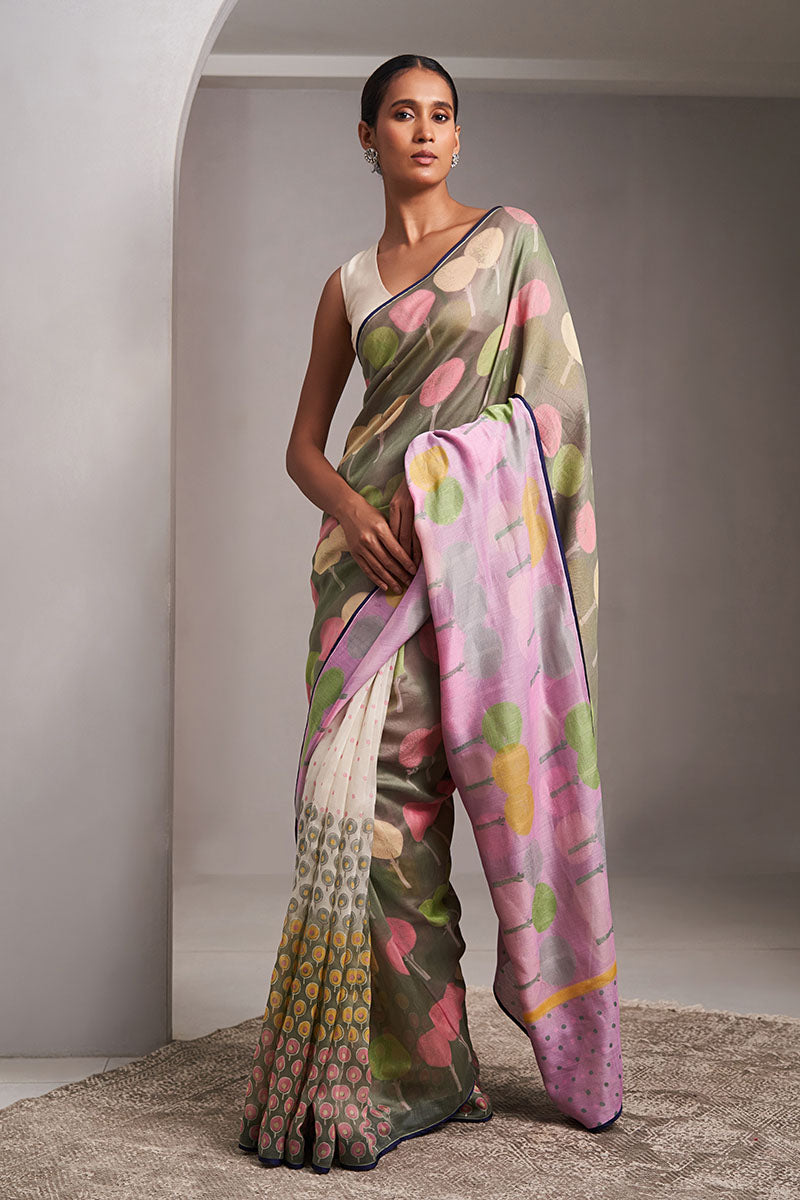 Yamuna Maheshwari Block Printed Flip Pallu Saree - Olive Green_Pink