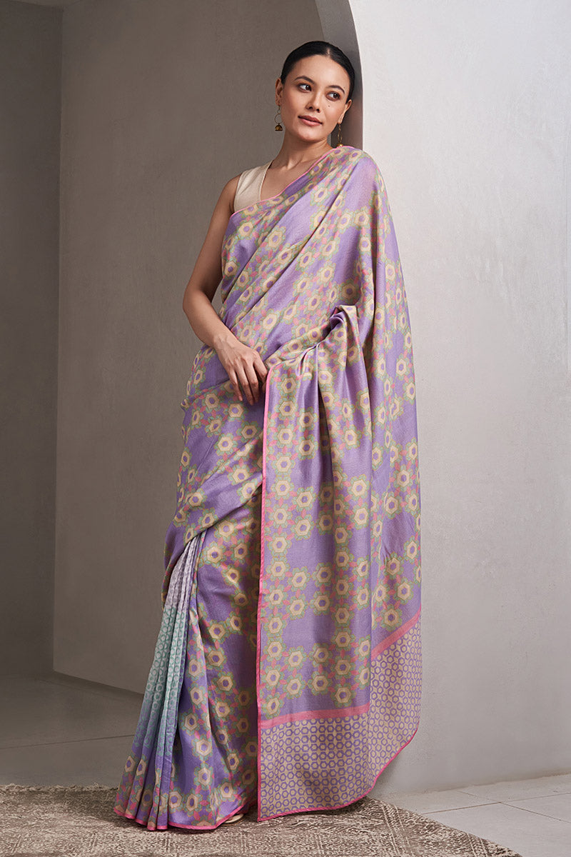 Krishna Maheshwari Block Printed Flip Pallu Saree - Lavender_Yellow