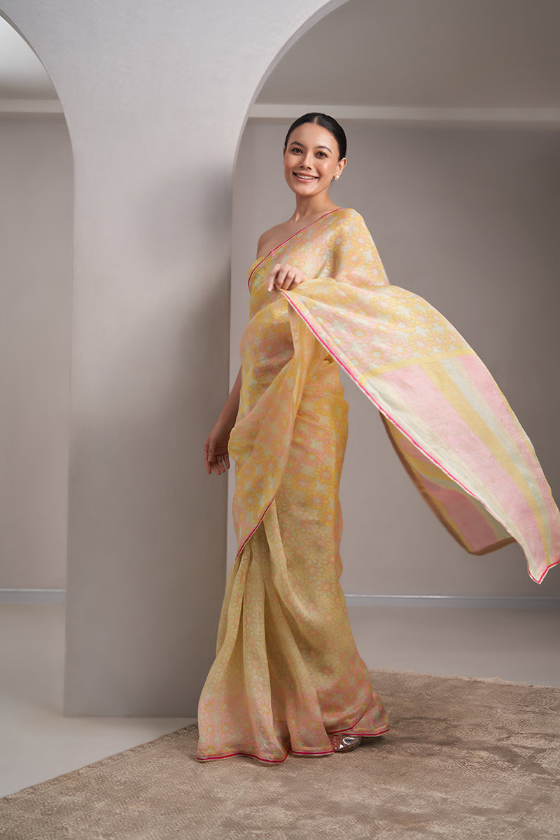Chhui Mui Hand Blockprinted handwoven Kataan silk Saree