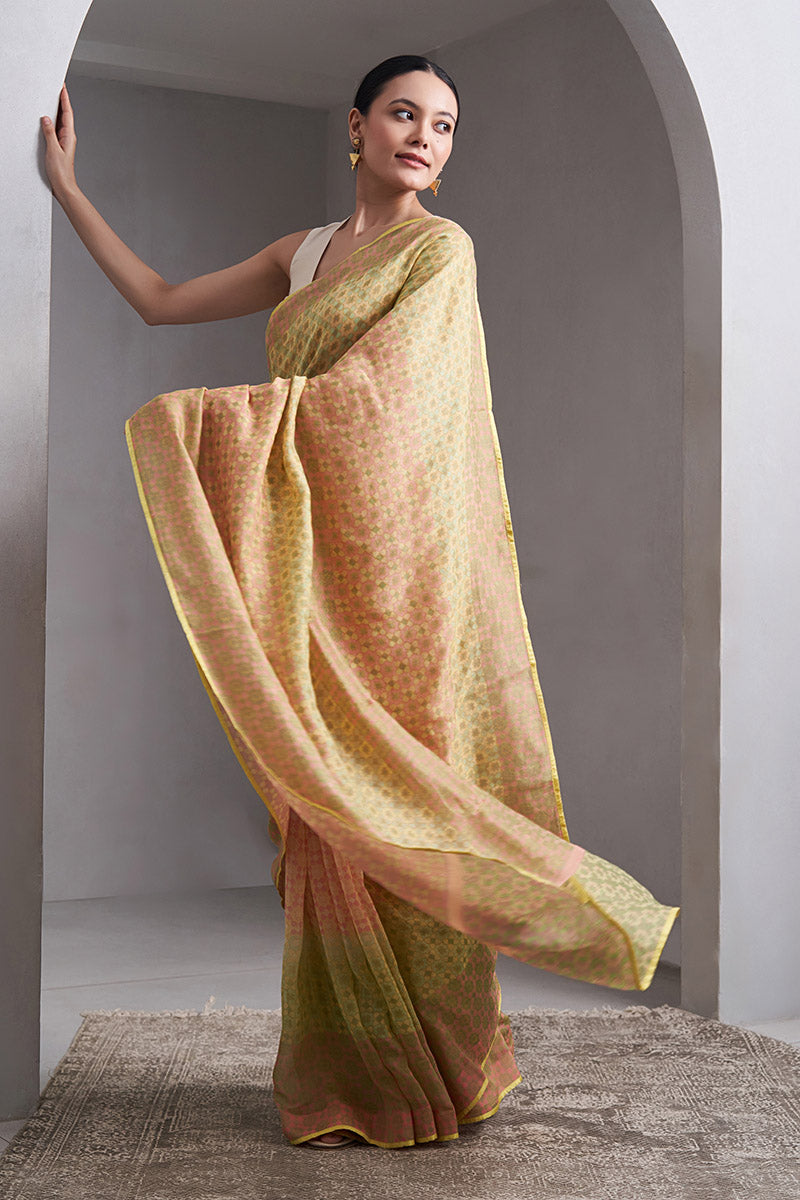 Jhelum Maheshwari Block Printed Flip Pallu Saree - Olive Green_Peach