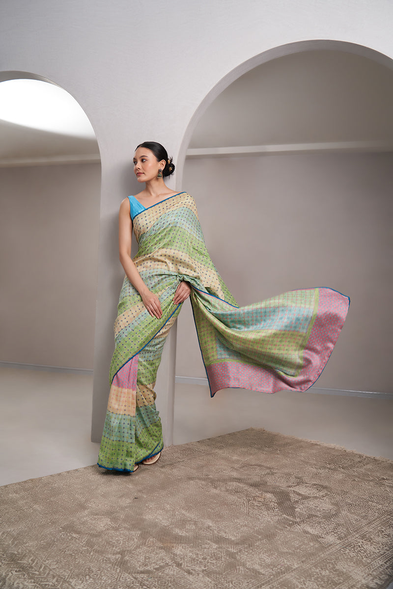 Saraswati Maheshwari Block Printed Flip Pallu Saree - Blue_Pink