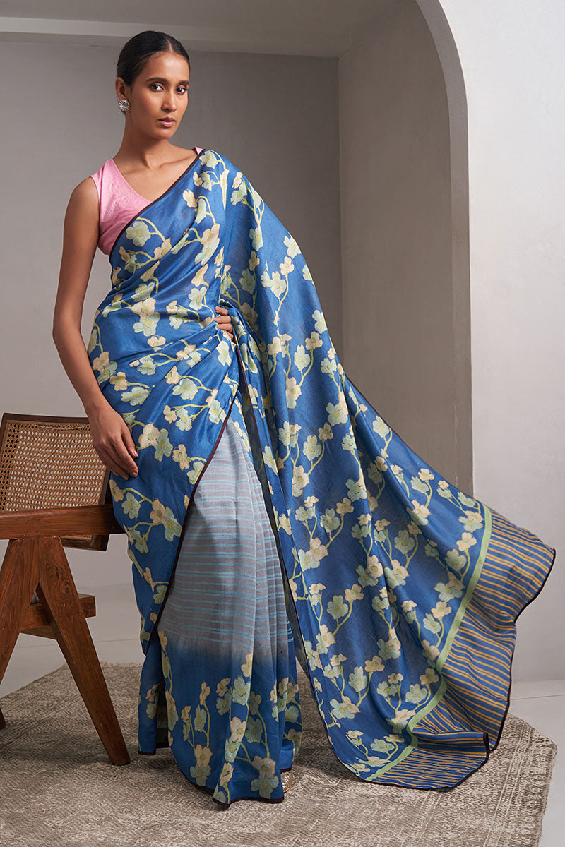 Sindhu Maheshwari Block Printed Flip Pallu Saree - Blue_Grey