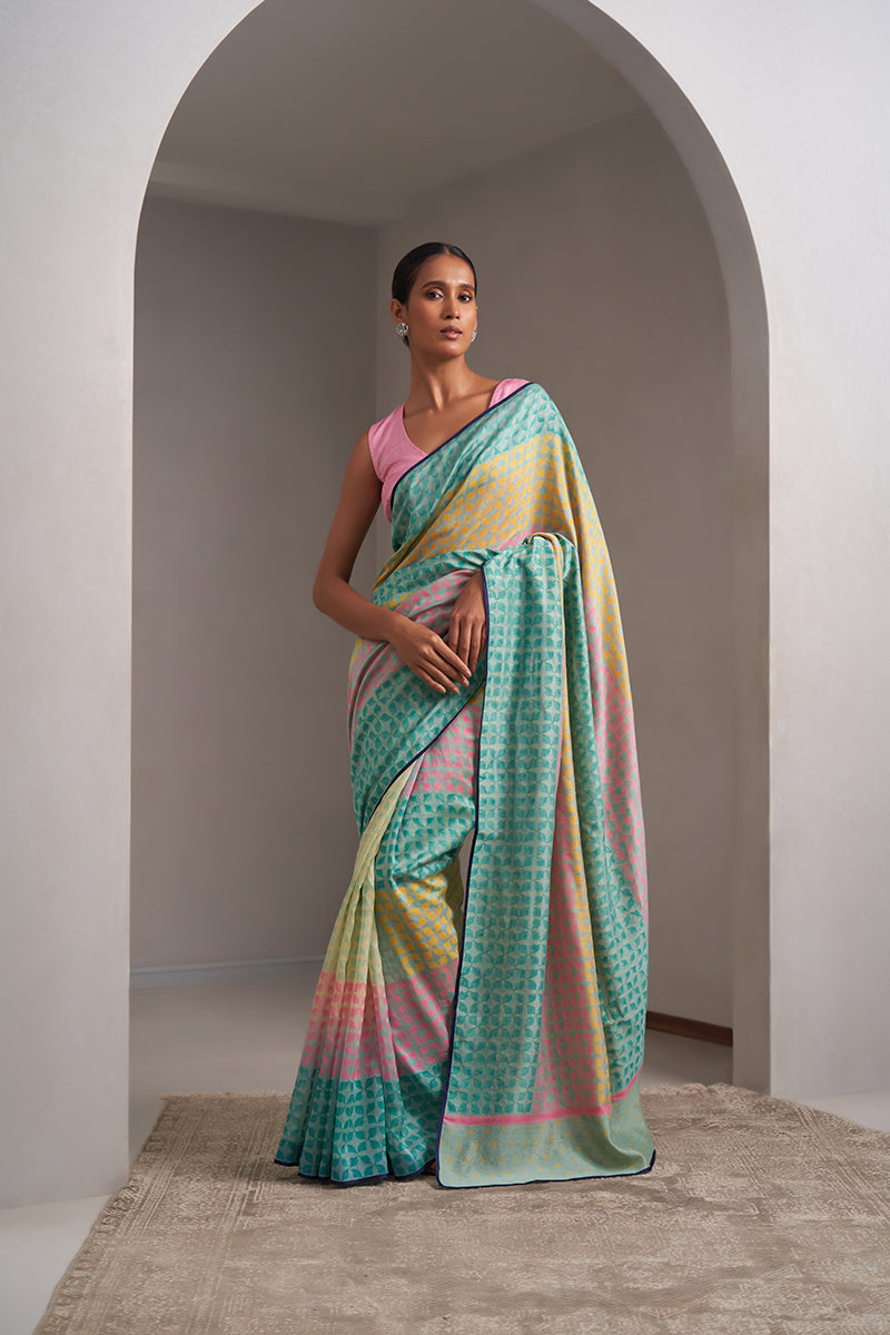 Narmada Maheshwari Block Printed Flip Pallu Saree - Teal Green_Yellow
