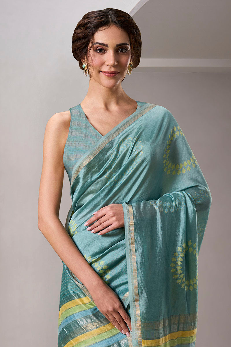 Aabha Handloom Maheshwari Silk Hand Blockprinted Saree