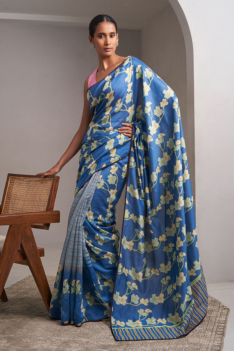 Sindhu Maheshwari Block Printed Flip Pallu Saree - Blue_Grey