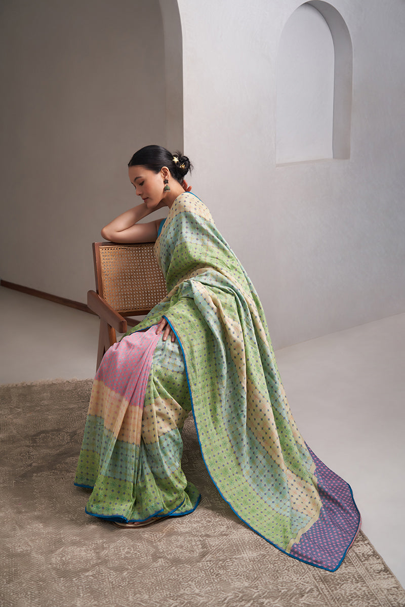 Saraswati Maheshwari Block Printed Flip Pallu Saree - Blue_Pink