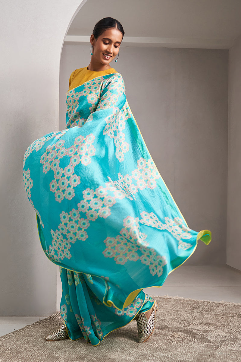 Padmaja Hand Blockprinted Handwoven Mushroo Silk Saree