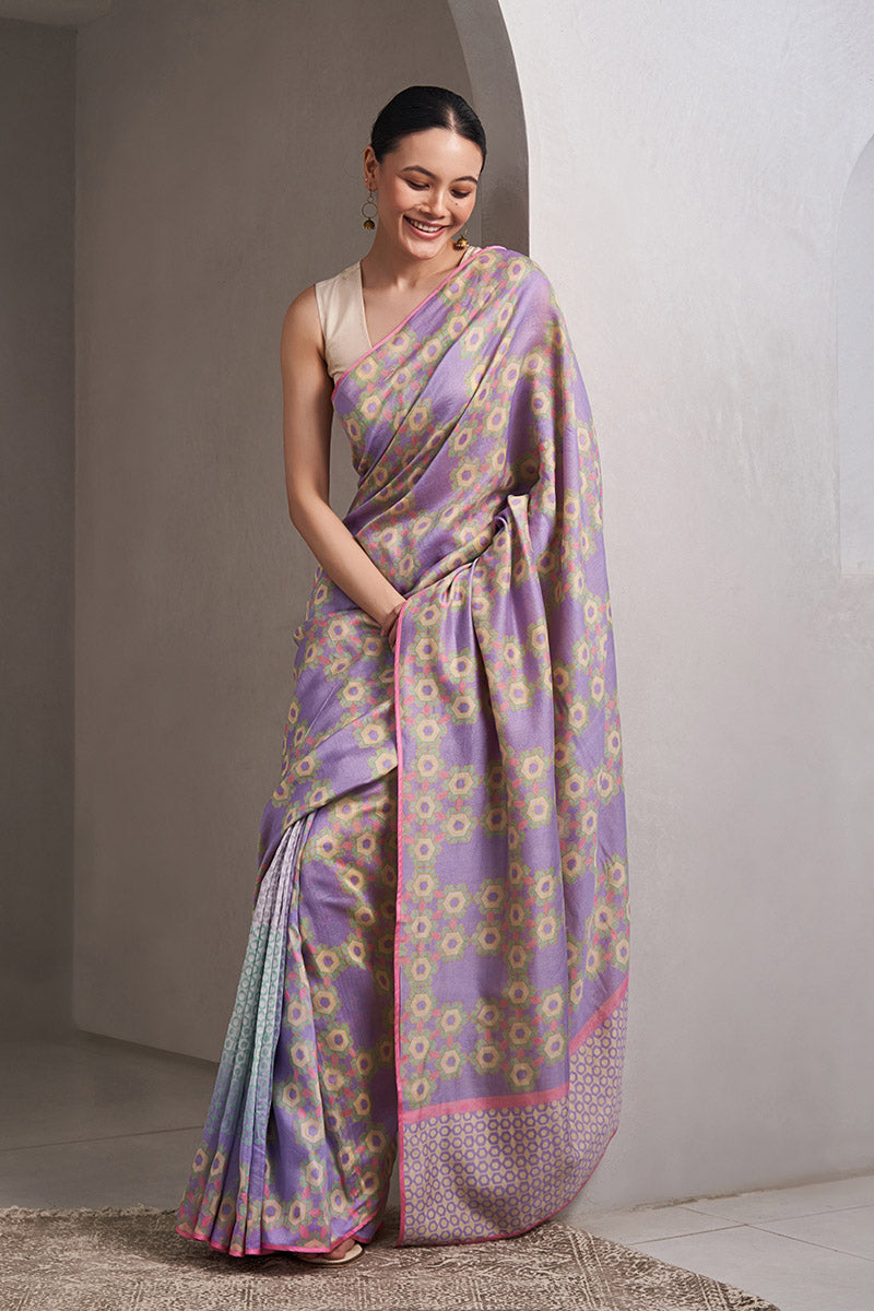 Krishna Maheshwari Block Printed Flip Pallu Saree - Lavender_Yellow