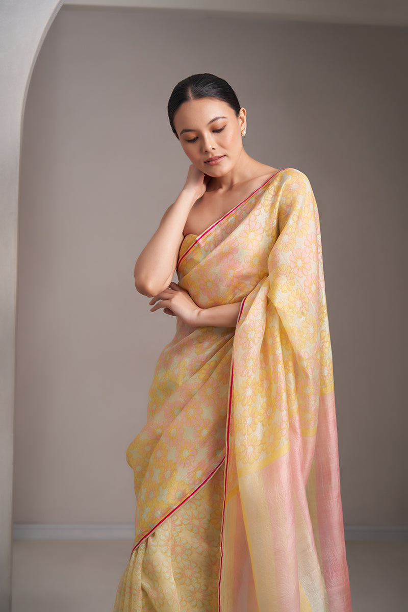 Chhui Mui Hand Blockprinted handwoven Kataan silk Saree